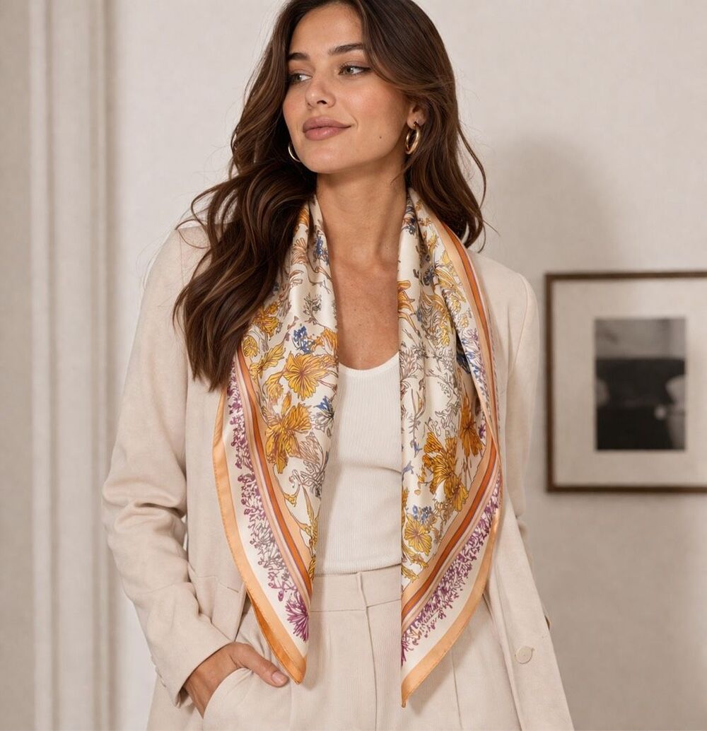 Luxury Floral Scarf Elegant Square Scarf Chic Neck Hair Bag Wrap Timeless 27x27”